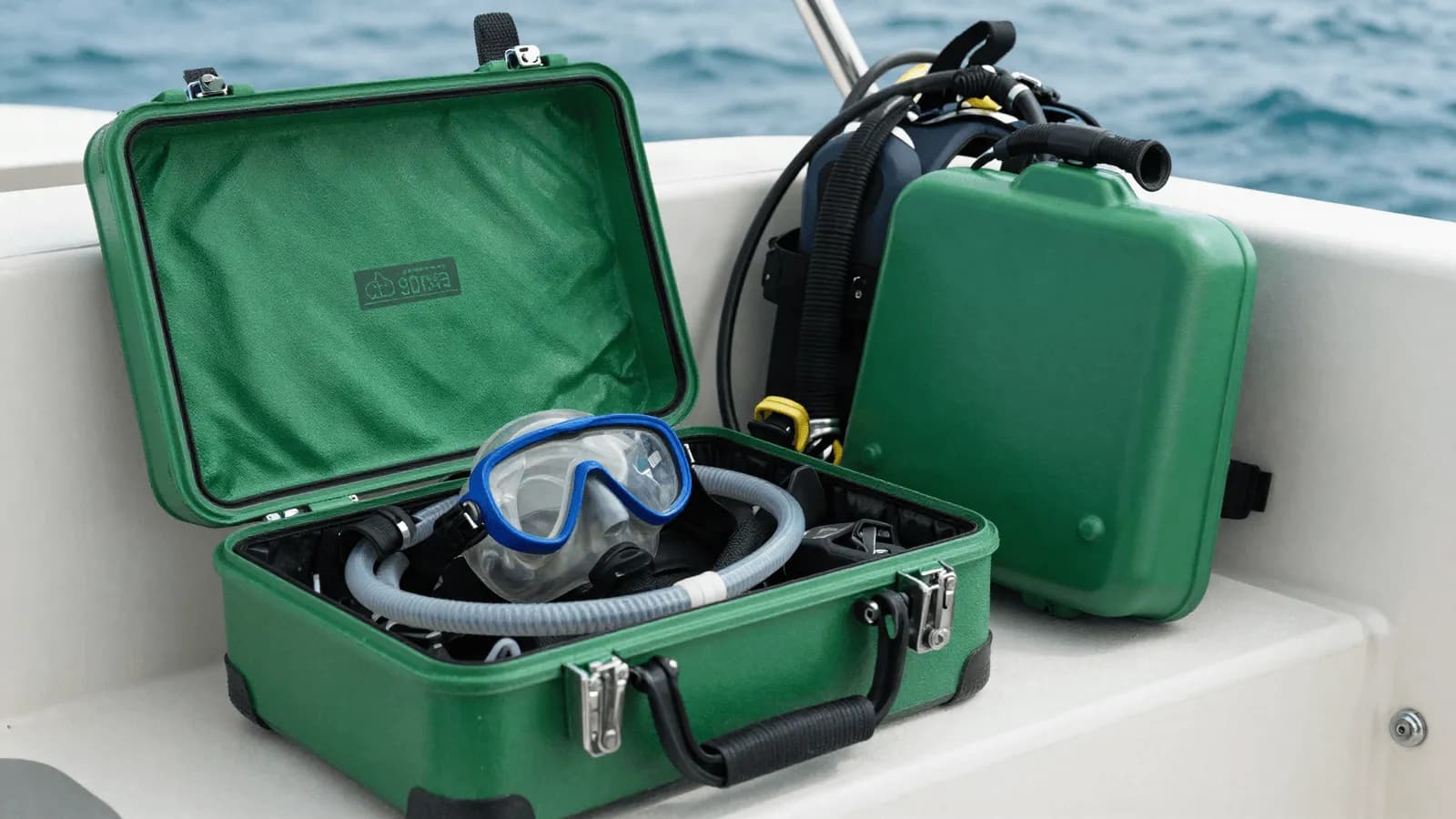 An emergency oxygen kit open on a dive boat bench beside dive equipment