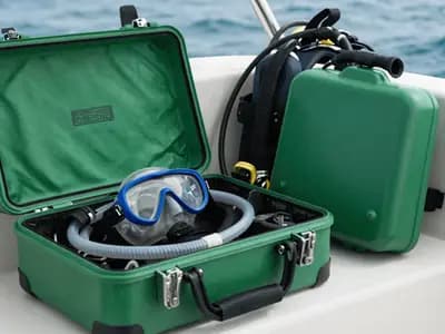 An emergency oxygen kit open on a dive boat bench beside dive equipment