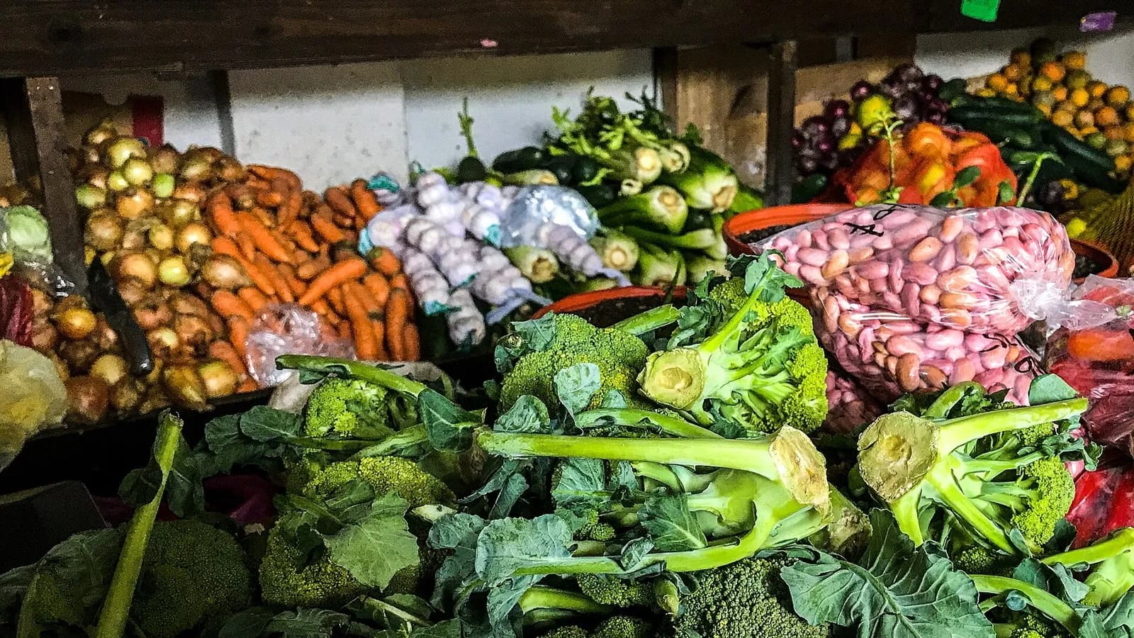 Broccoli, carrots, onions and garlic piled at a vegetable market stall, photographed in July 2017, a file photograph illustrative of potassium-rich foods and not of the study groceries