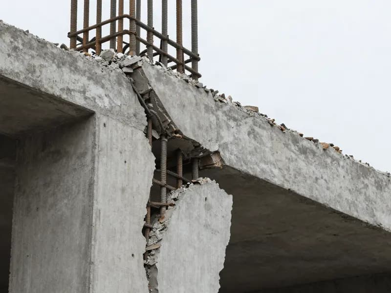A cracked concrete column exposed after an earthquake, reinforcement bars visible