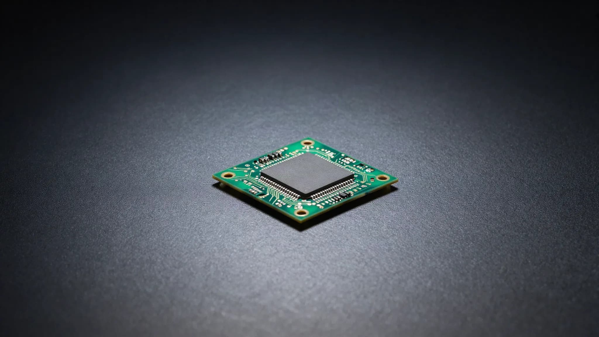 A small circuit board alone on a dark polished surface