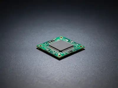 A small circuit board alone on a dark polished surface