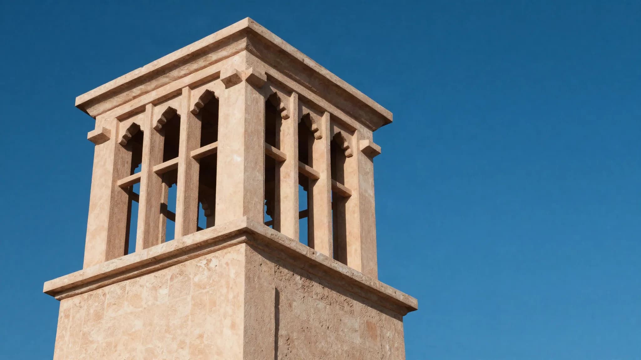 A traditional Gulf wind tower against a deep blue sky