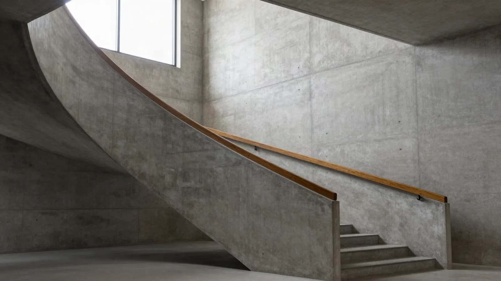 A board-marked concrete interior with stairs and warm light