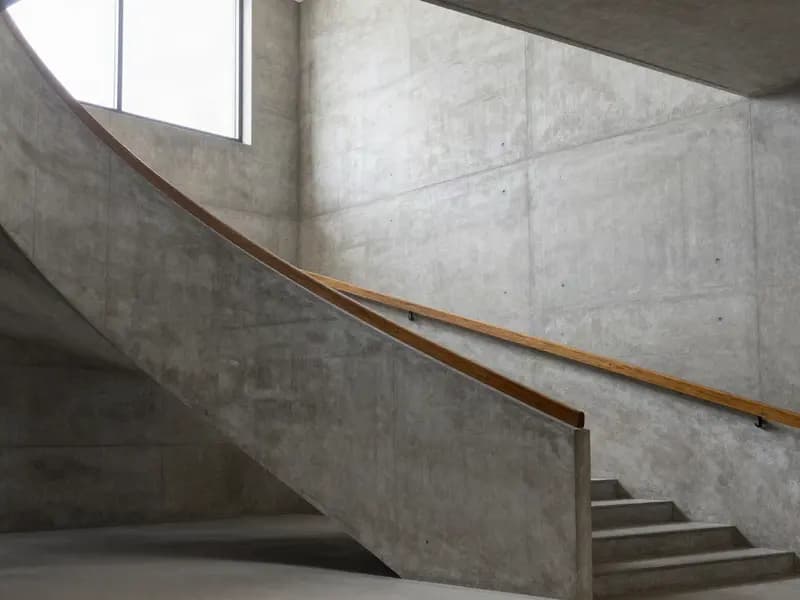 A board-marked concrete interior with stairs and warm light