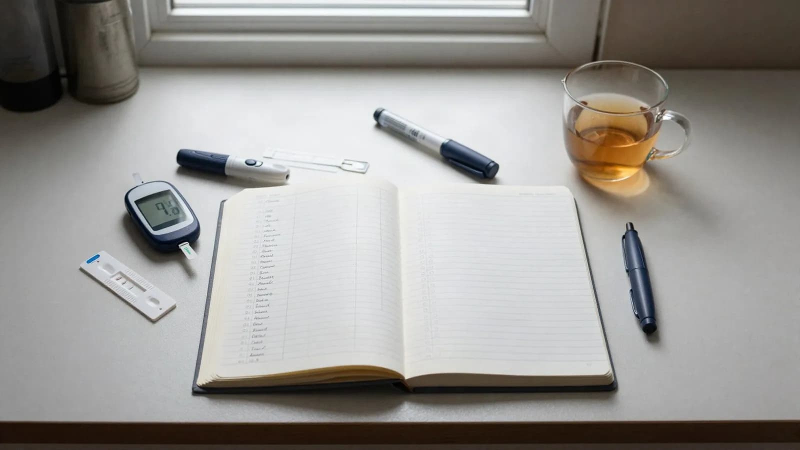 The daily apparatus of diabetes management spread across a kitchen table
