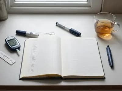 The daily apparatus of diabetes management spread across a kitchen table
