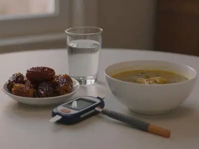An iftar table at dusk with dates, water and a glucose meter