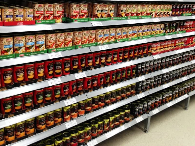 Packaged products faced up on a supermarket shelf