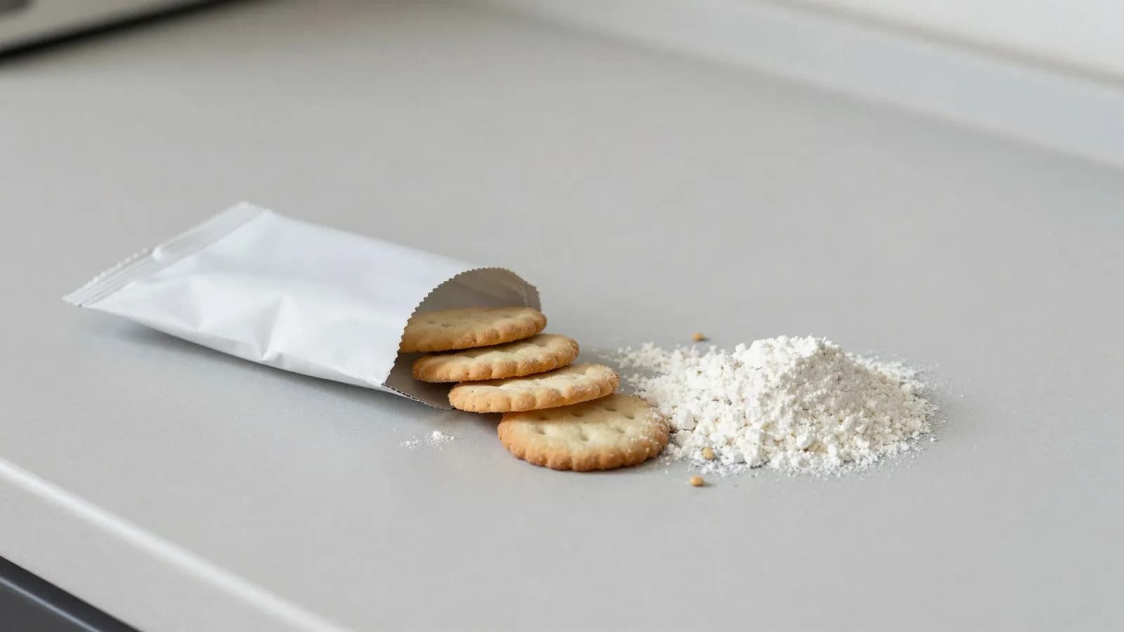 An opened packet of plain biscuits beside a heap of white flour