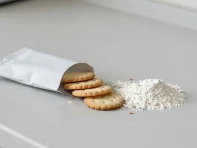 An opened packet of plain biscuits beside a heap of white flour