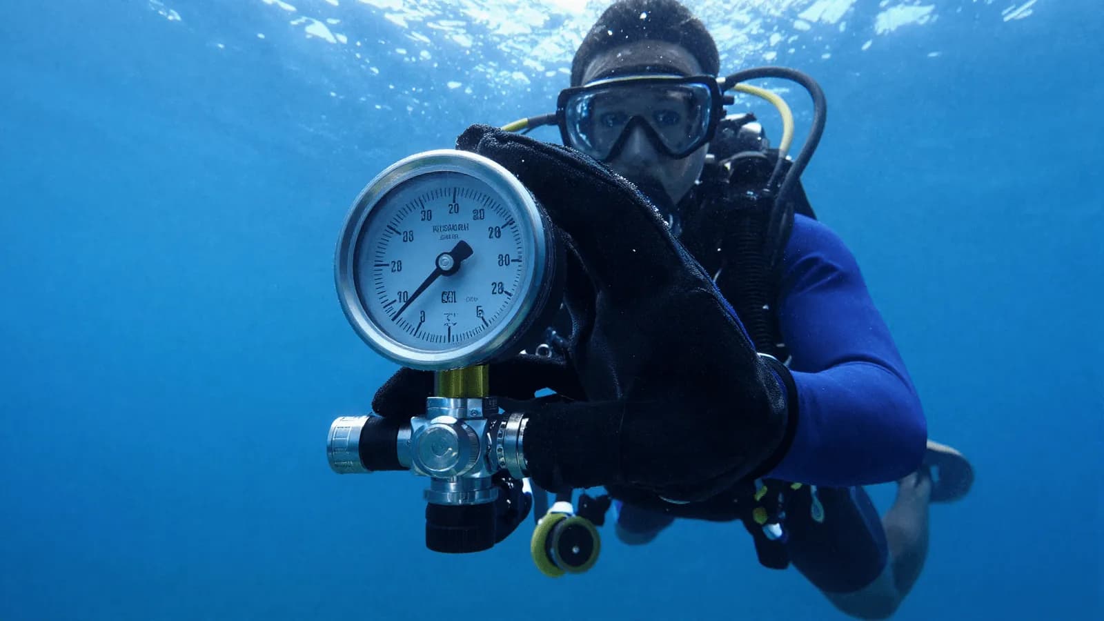 A diver checking a submersible pressure gauge mid-water, light filtering from above