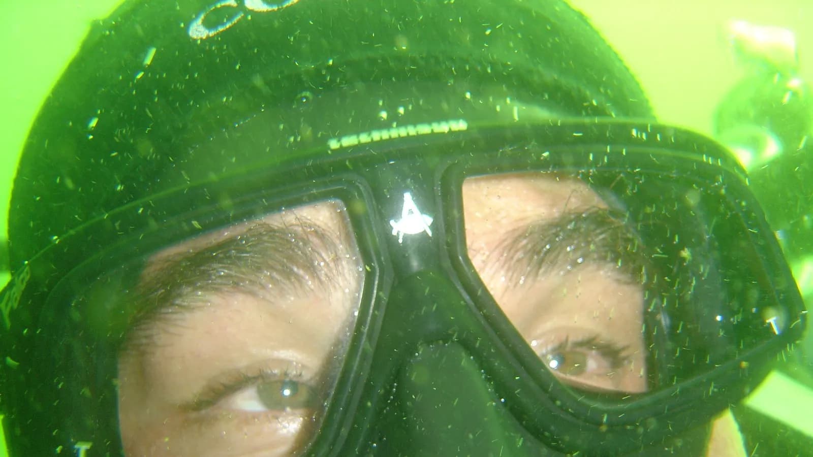 A diver underwater looking through a half mask