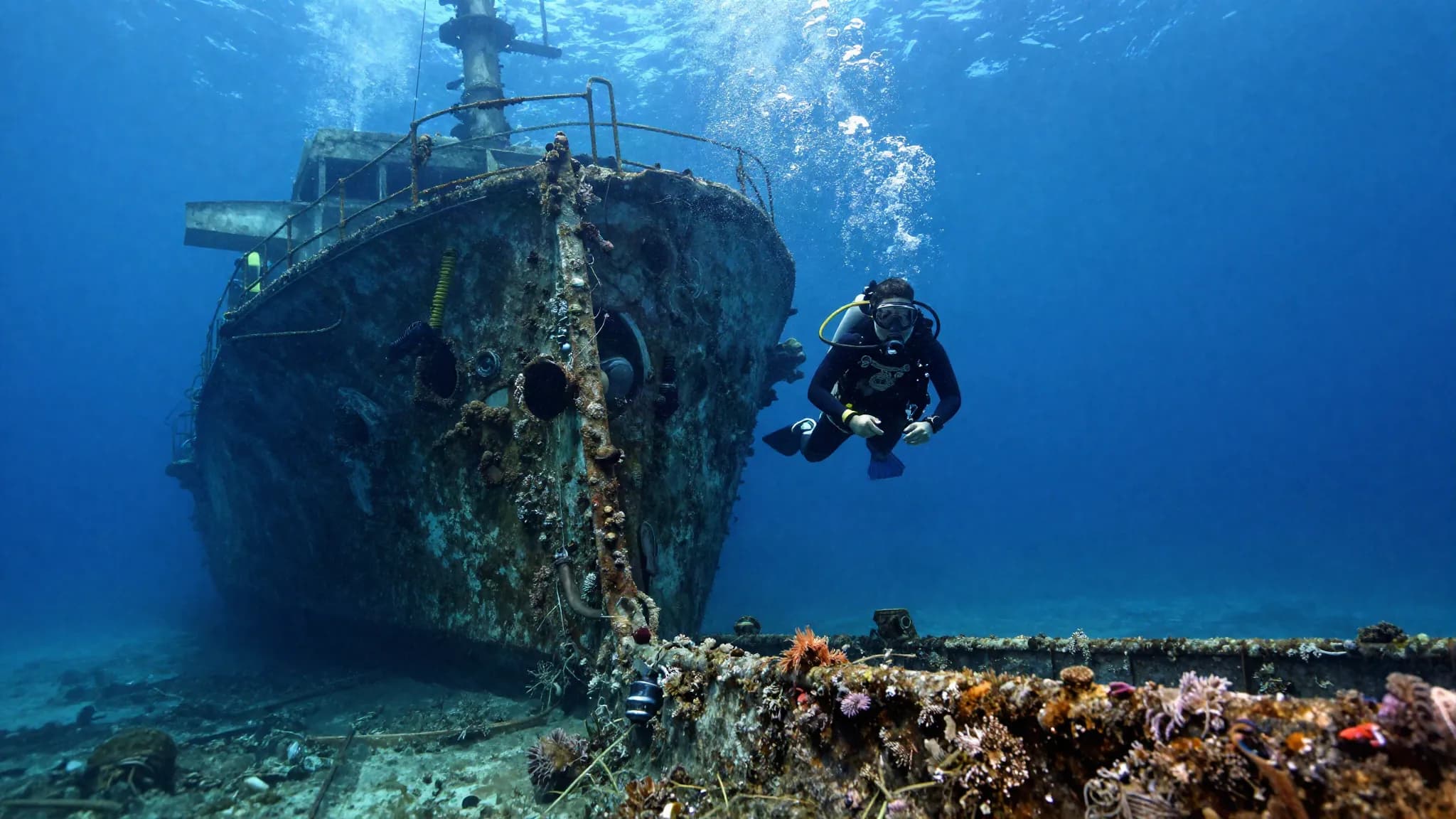 A diver approaching a sunken shipwreck in blue water