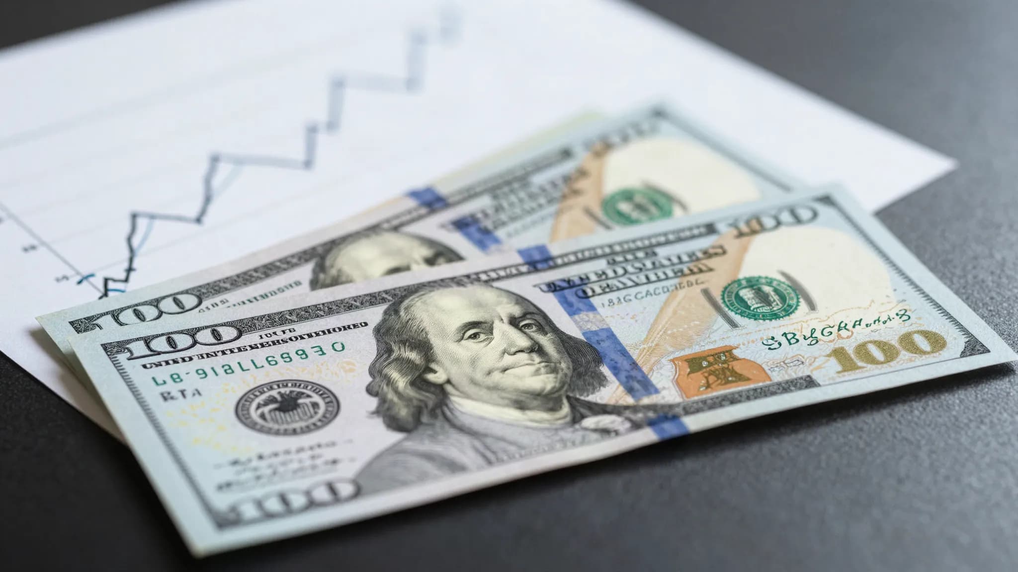 US dollar banknotes on a desk beside a printed chart