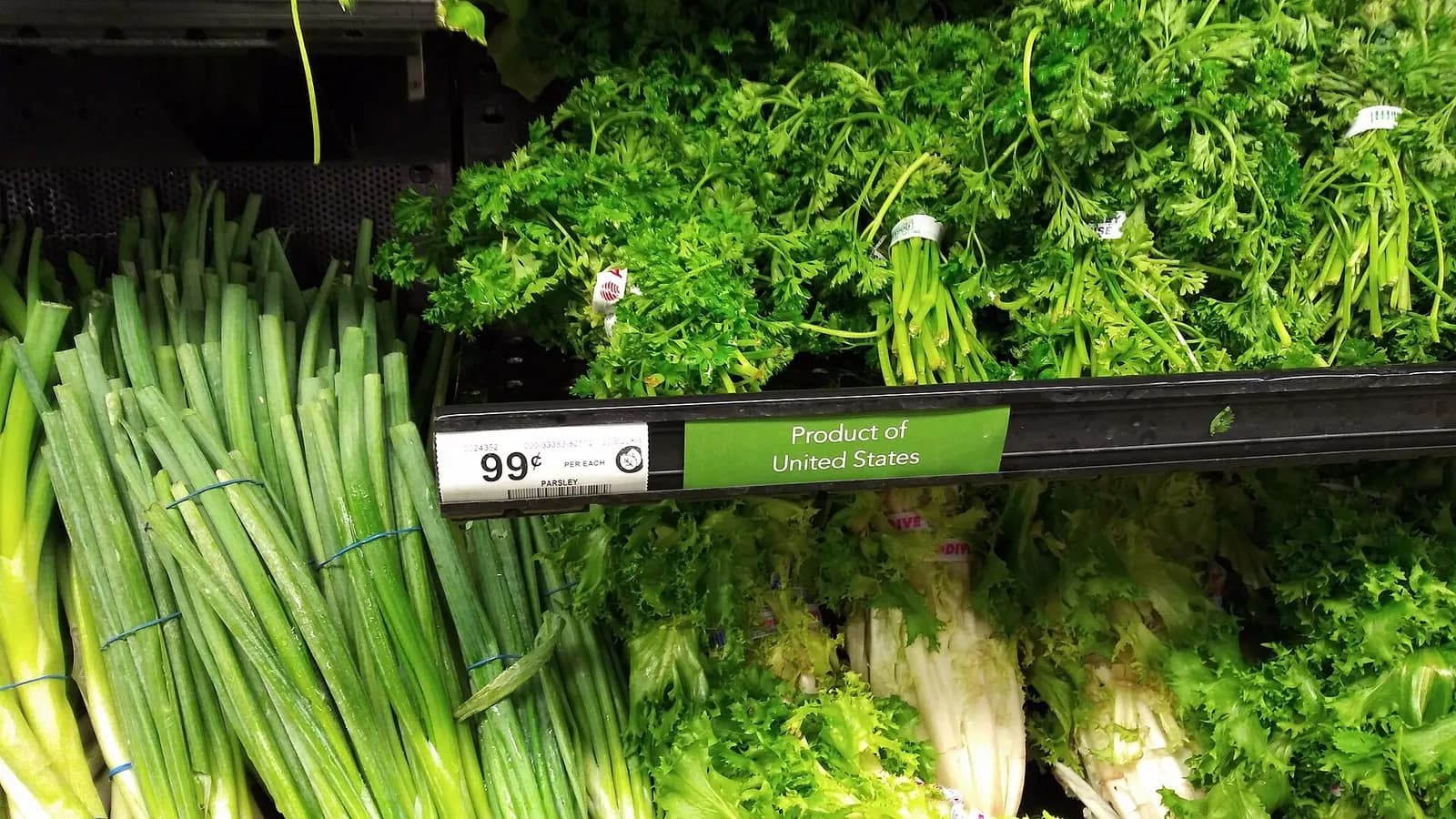 Bunches of parsley, green onions and other vegetables on a supermarket produce shelf in Clearwater, Florida, with a 99-cent price tag, photographed on 25 September 2020, a file photograph illustrative of grocery shopping and not of Instacart or DoorDash