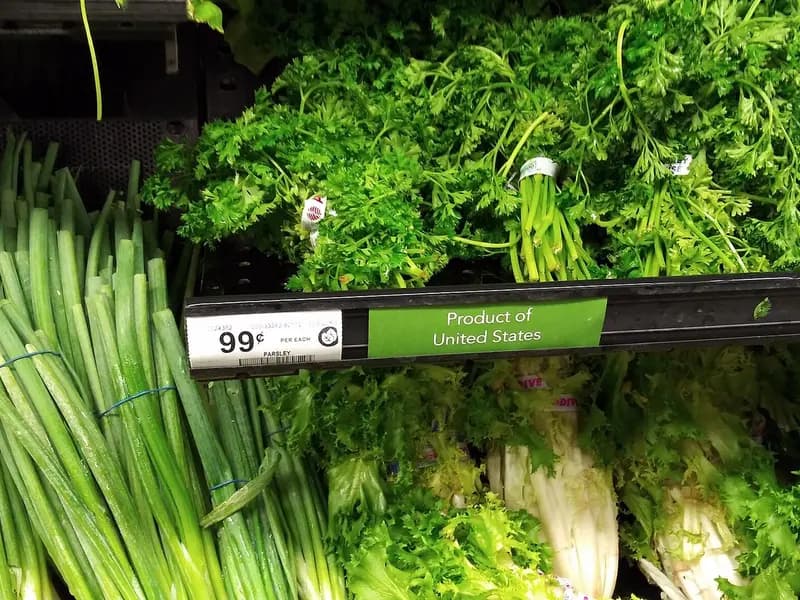 Bunches of parsley, green onions and other vegetables on a supermarket produce shelf in Clearwater, Florida, with a 99-cent price tag, photographed on 25 September 2020, a file photograph illustrative of grocery shopping and not of Instacart or DoorDash