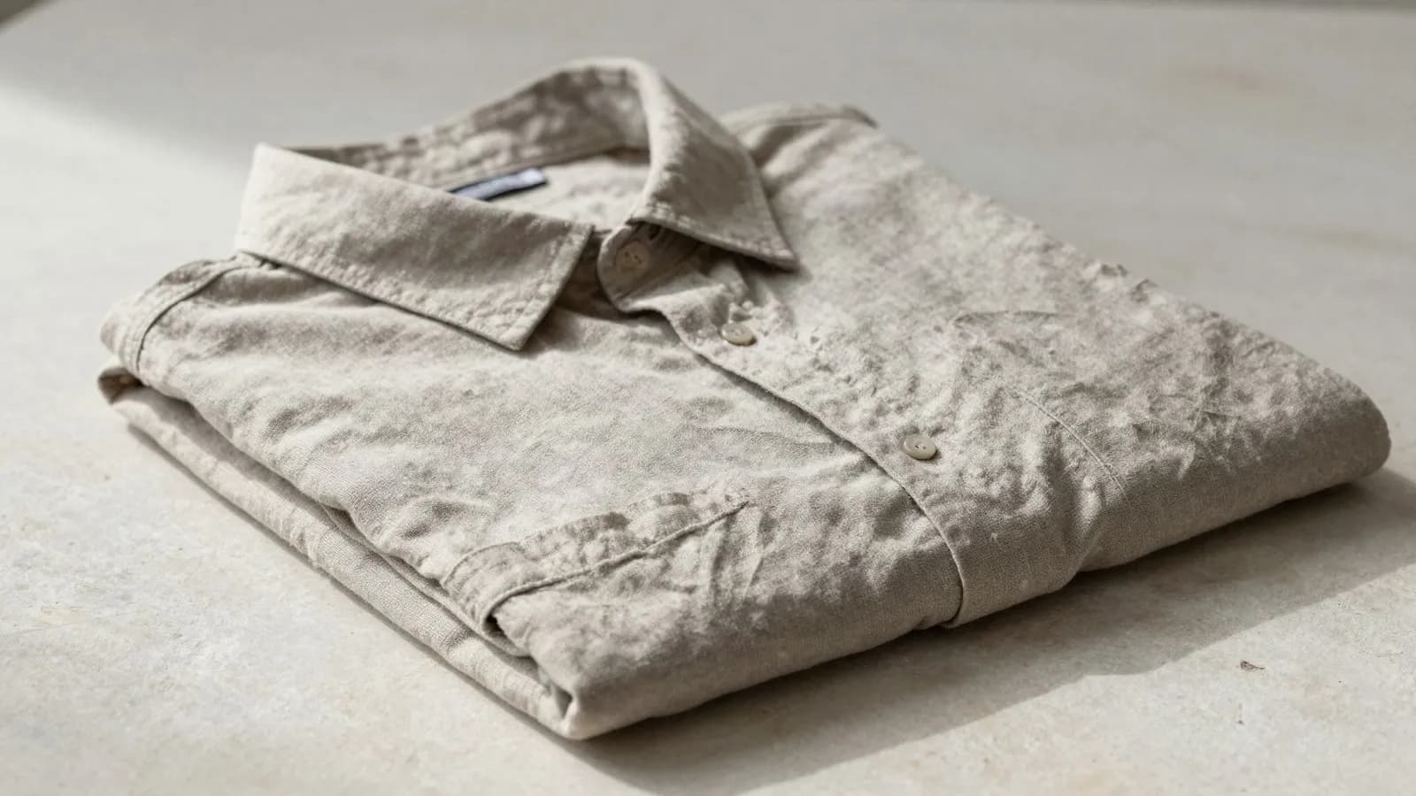 A loosely woven linen shirt folded on a pale surface