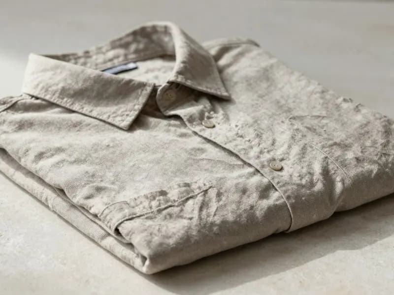 A loosely woven linen shirt folded on a pale surface