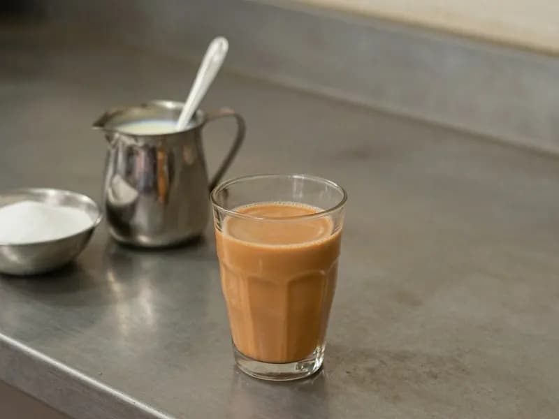 A glass of karak chai beside condensed milk and sugar