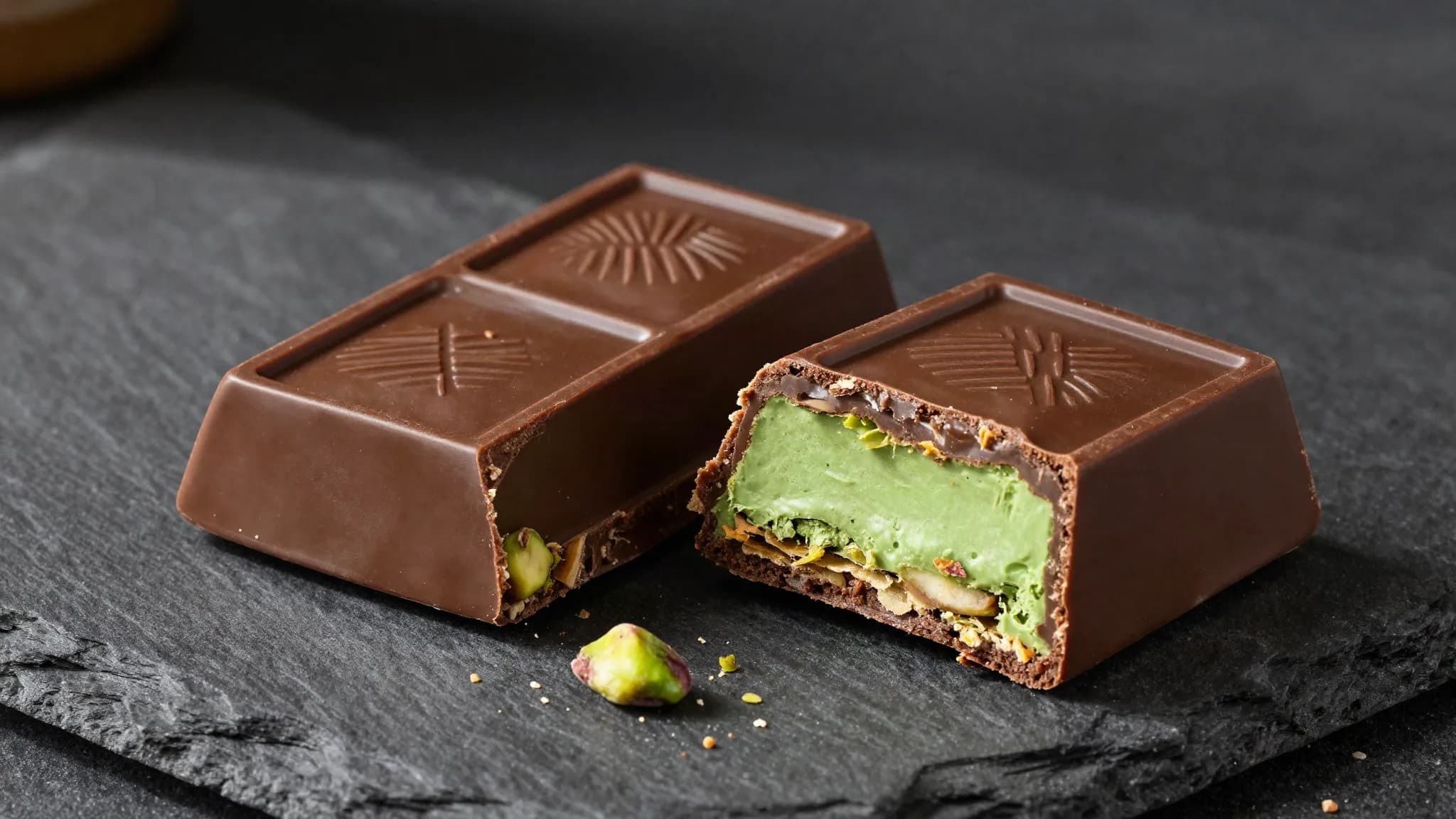 A chocolate bar broken open to show green pistachio filling