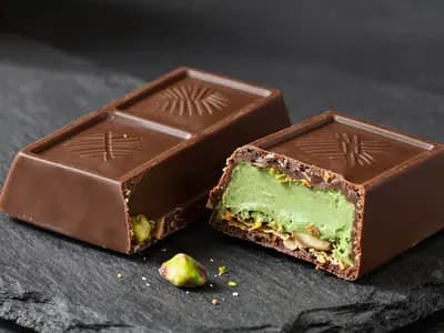 A chocolate bar broken open to show green pistachio filling