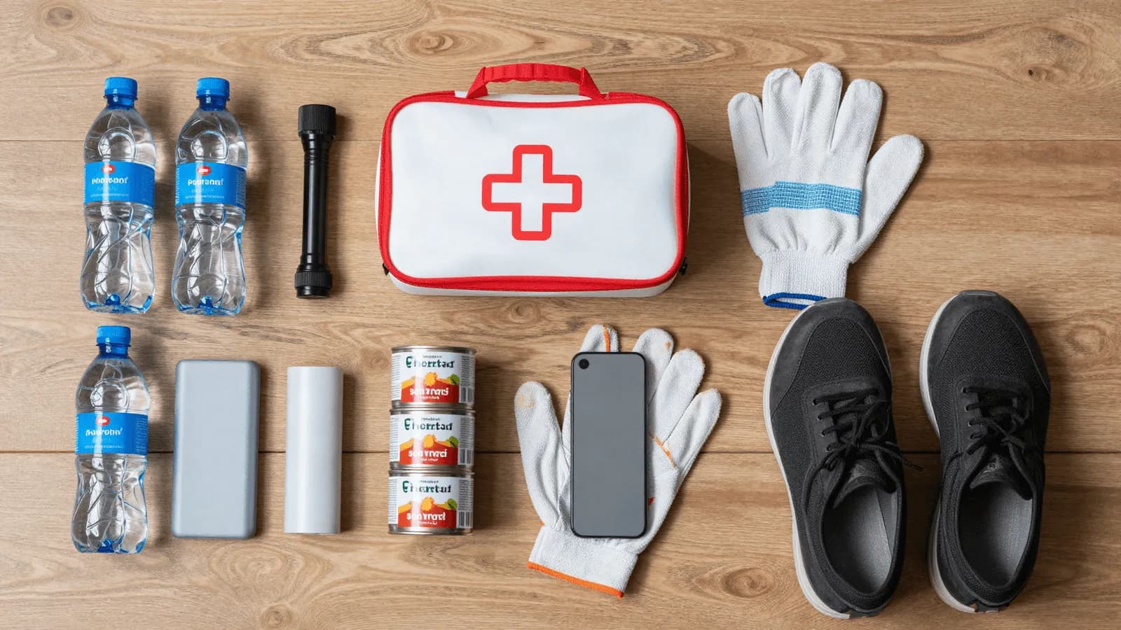 A household emergency kit laid out with water, torch, first aid supplies and a power bank