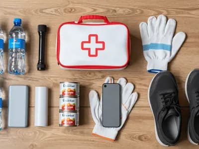 A household emergency kit laid out with water, torch, first aid supplies and a power bank