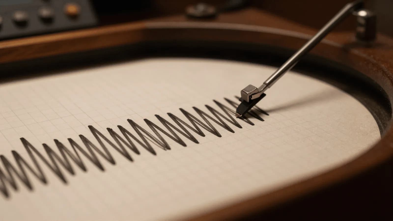 A seismograph drum recording ground motion as a jagged trace on paper