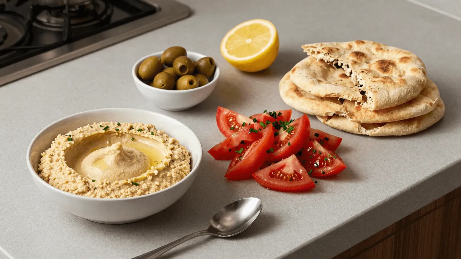 A simple weeknight spread of flatbread, dips and a chopped salad