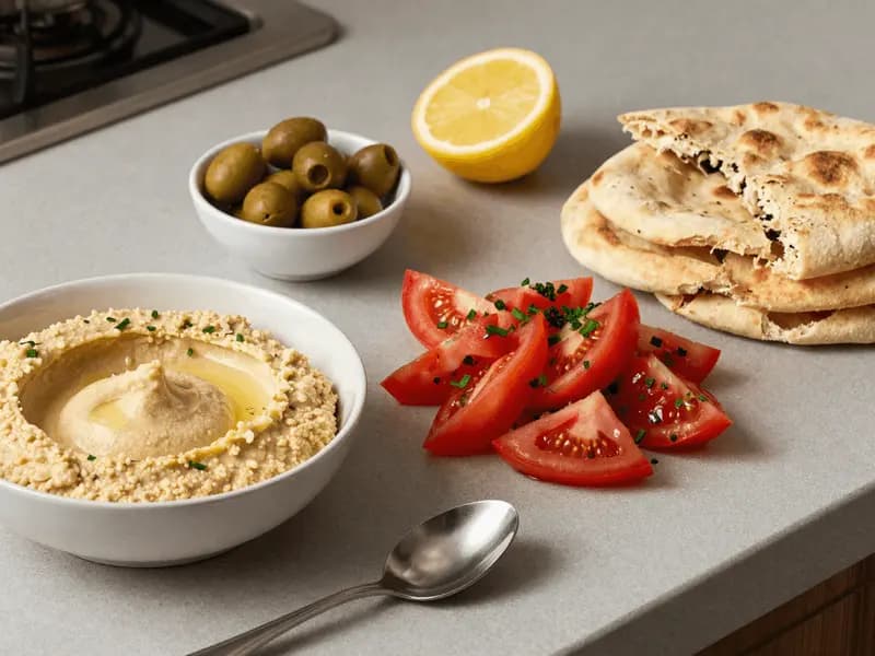 A simple weeknight spread of flatbread, dips and a chopped salad