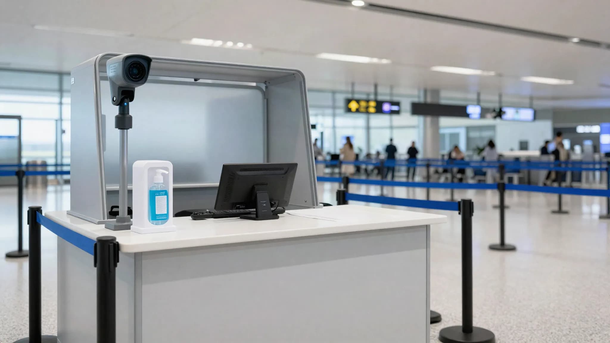 An airport health screening desk with empty queue barriers
