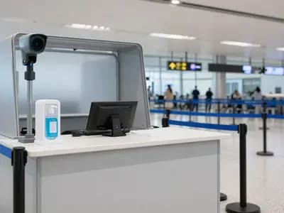 An airport health screening desk with empty queue barriers