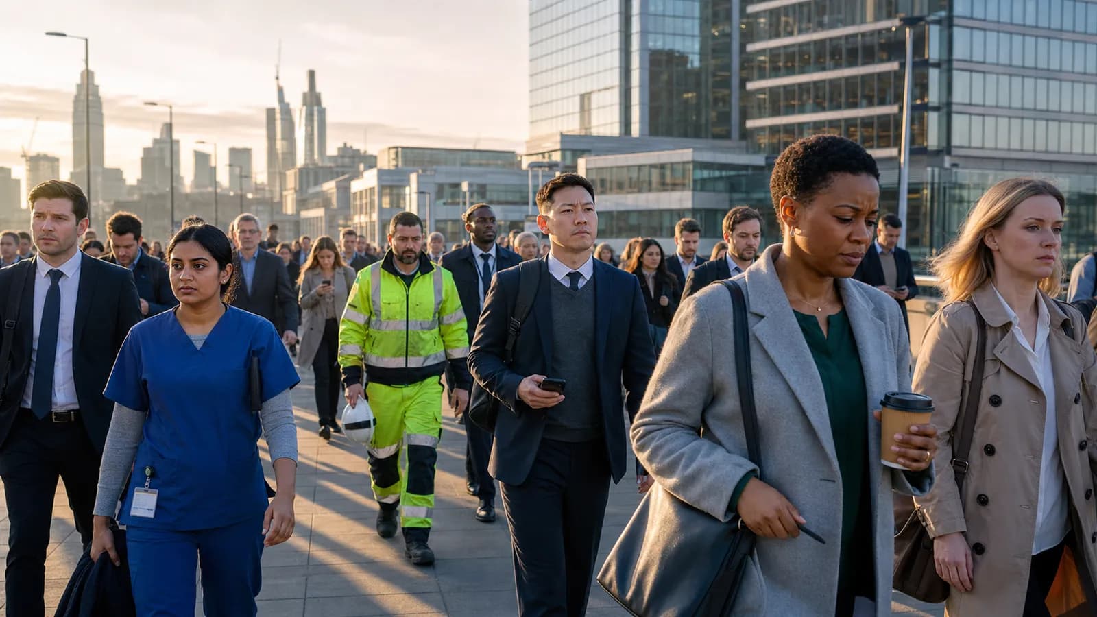 Workers moving through a city where employment is high but purchasing power remains pressured