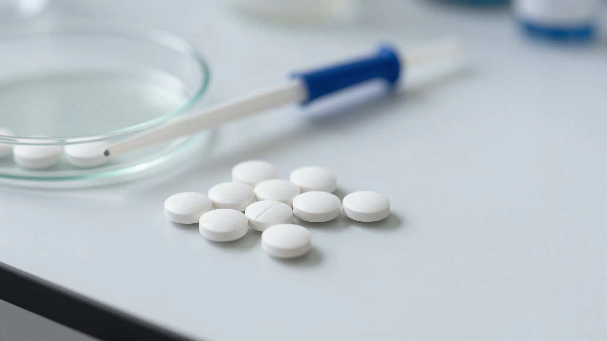Chewing gum tablets beside laboratory glassware