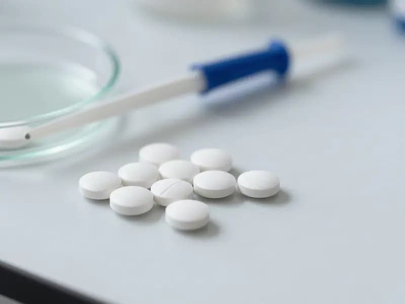 Chewing gum tablets beside laboratory glassware