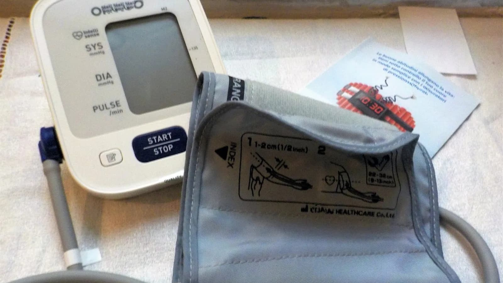 An automatic sphygmomanometer measuring blood pressure, illustrative of the England hypertension study and not a participant in it, photographed in November 2018