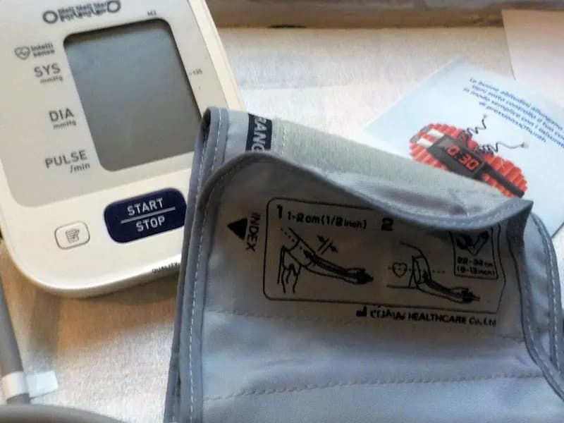 An automatic sphygmomanometer measuring blood pressure, illustrative of the England hypertension study and not a participant in it, photographed in November 2018