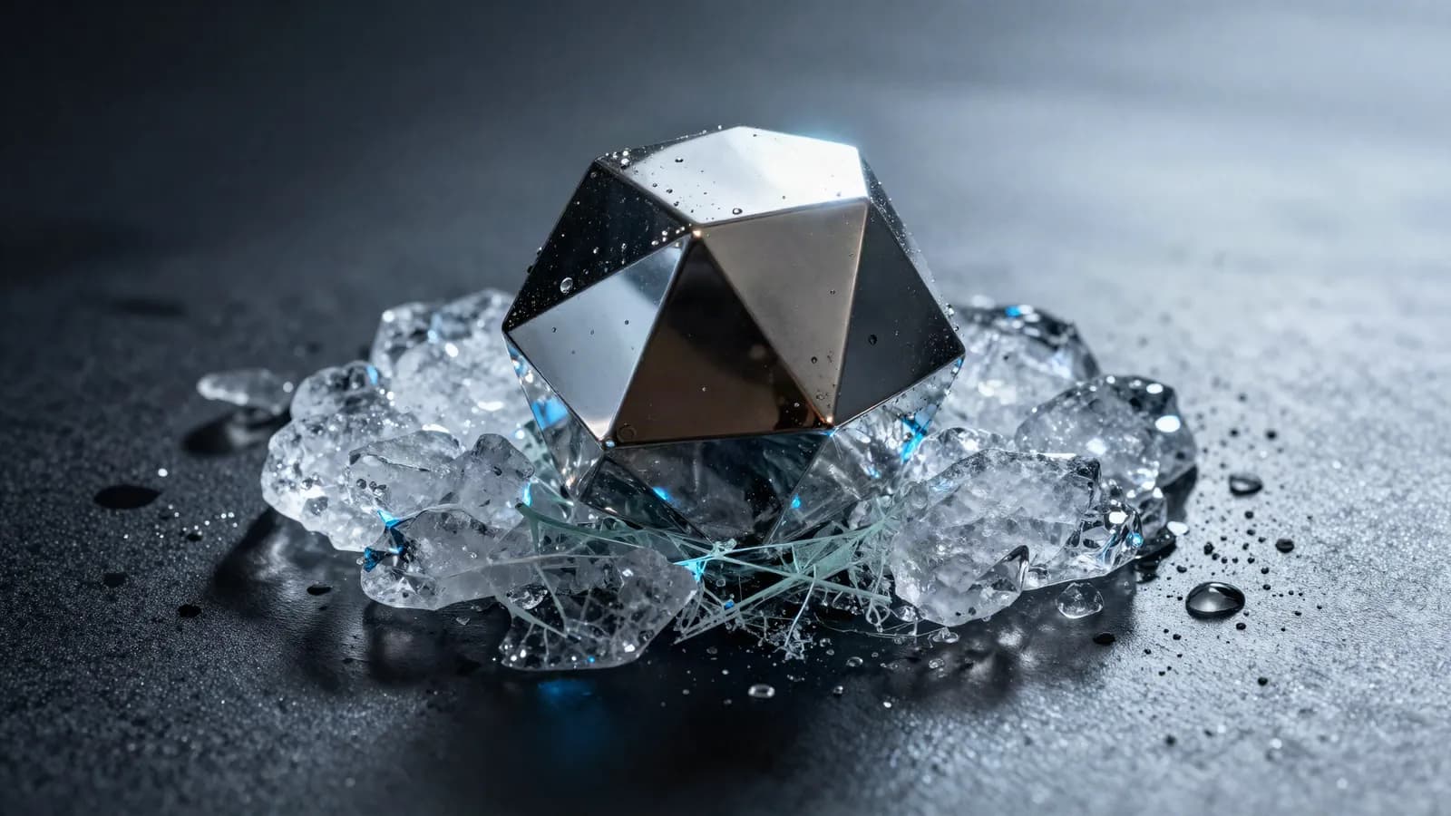 A faceted metal form held in cracked ice on a dark surface
