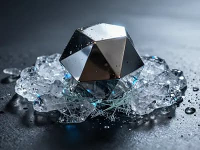 A faceted metal form held in cracked ice on a dark surface