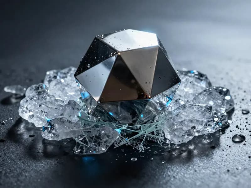 A faceted metal form held in cracked ice on a dark surface