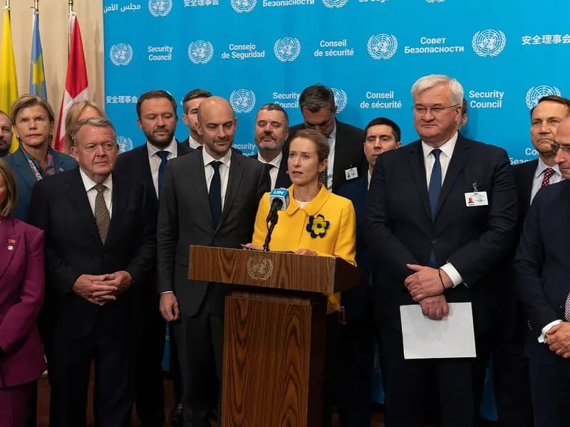 Kaja Kallas, the EU's foreign policy chief, speaking at a podium at a UN Security Council press conference with EU member states' ministers, photographed on 23 September 2026, a file photograph and not from the sanctions announcement