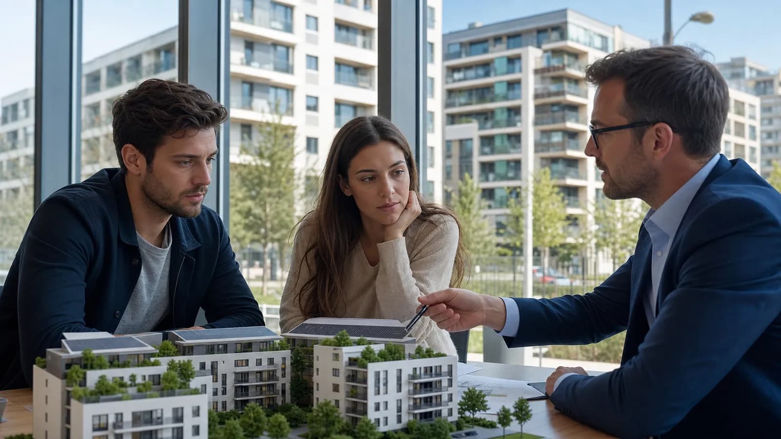 European homebuyers discussing mortgage terms beside apartment buildings