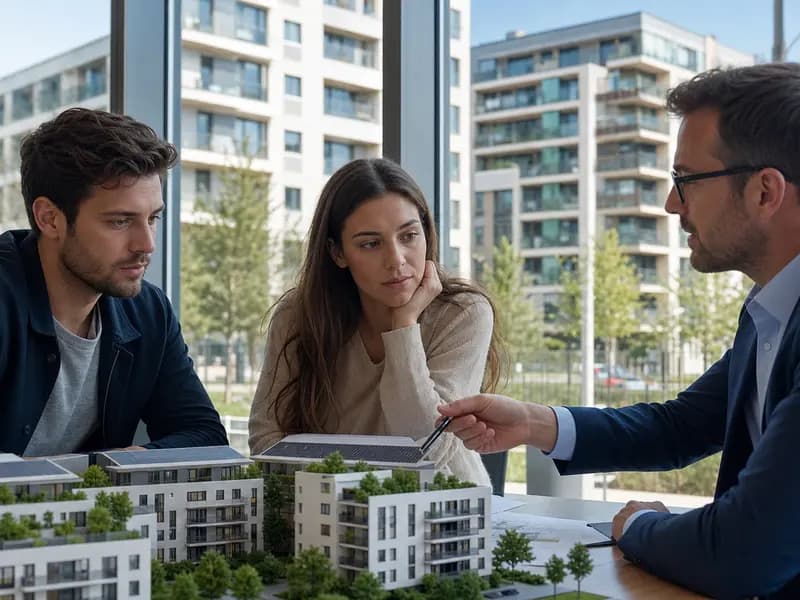 European homebuyers discussing mortgage terms beside apartment buildings