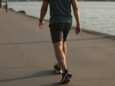 A walker on a waterfront promenade at dusk