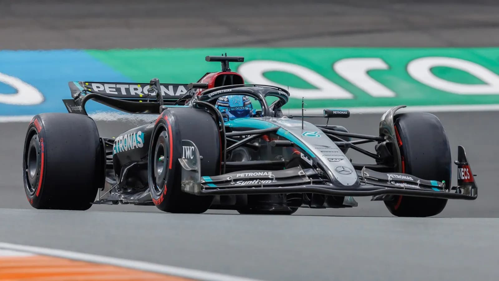 A Mercedes Formula One car at the 2024 Dutch Grand Prix, under the previous technical regulations