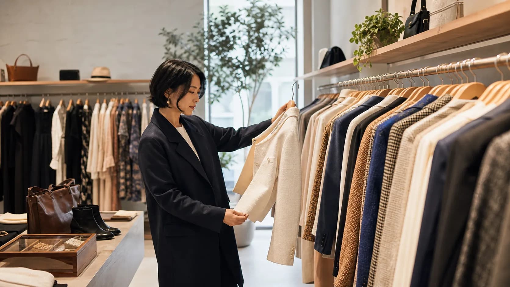 Carefully arranged preowned clothing in a stylish resale boutique