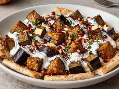 A wide dish of fried aubergine over toasted bread, covered in garlic yogurt and scattered with pine nuts and sumac