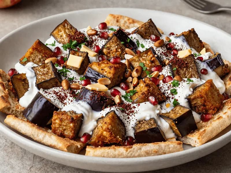 A wide dish of fried aubergine over toasted bread, covered in garlic yogurt and scattered with pine nuts and sumac