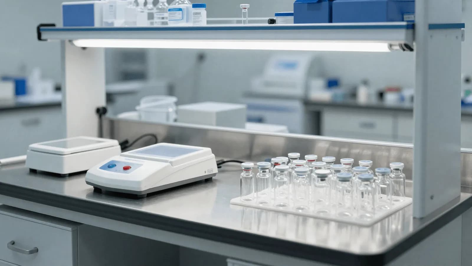 A sterile compounding bench with vials and preparation equipment under laboratory lighting